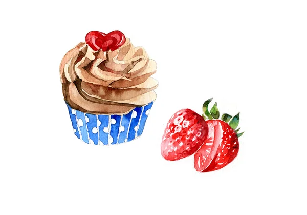 Watercolor strawberry cupcake on white background.