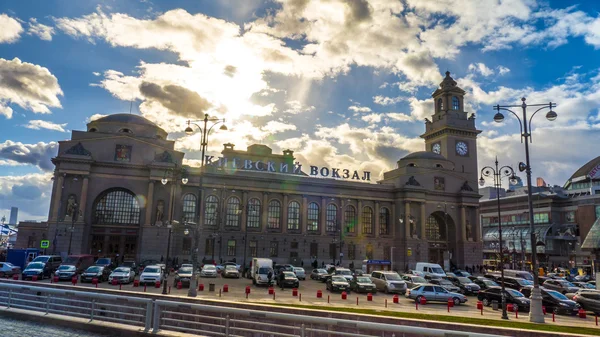 April 10, 2015. Main building of famous Kievsky Railway Terminal in Moscow. There are regular services to Kiev, Belgrade, Zagreb, Varna, Bucharest, Sofia,  Budapest, Prague, Vienna and Venice