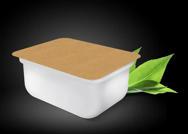 White plastic blank bank for food, oil, mayonnaise, margarine, cheese, ice cream, olives, pickles, sour cream with eco paper cover. Food and drink plastic blank. Template Ready For Your Design. Isolat