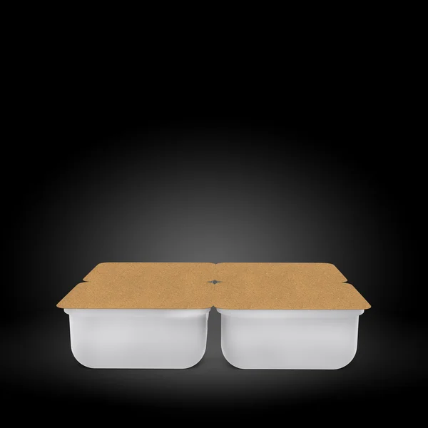 White plastic blank bank for food, oil, mayonnaise, margarine, cheese, ice cream, olives, pickles, sour cream with eco paper cover. Food and drink plastic blank. Template Ready For Your Design. Isolat