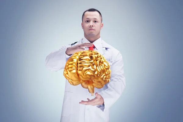 Doctor with stethoscope and golden brains on the hands. gray background. High resolution.