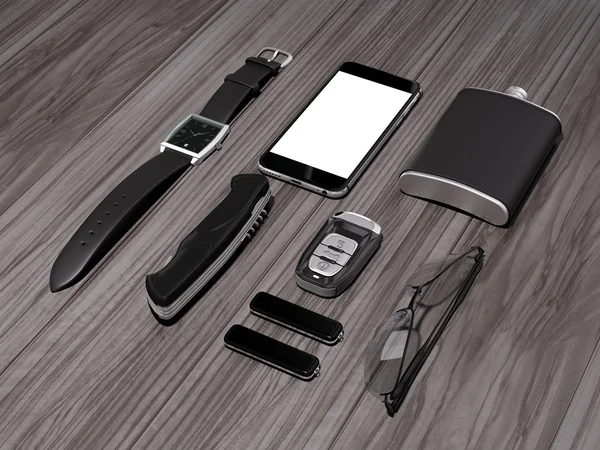 Every day carry man items collection: glasses, usb, keys, watches,flask.