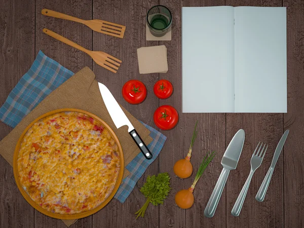 Mock up template pizza on a wooden table.