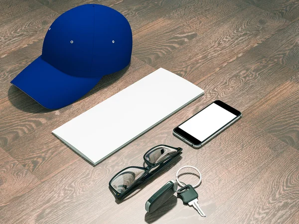 Every day carry man items collection: glasses, cap, key.