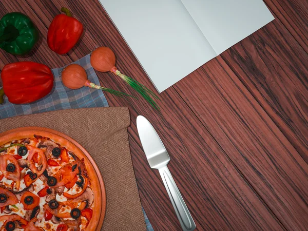 Mock up template pizza on a wooden table.