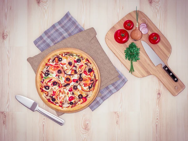 Mock up template pizza on a wooden table.