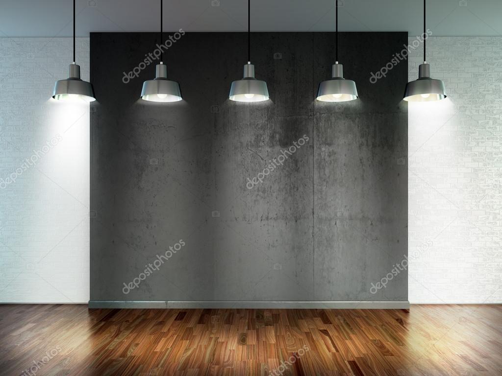 Room with spotlight lamps, empty space with wooden flooring and ...