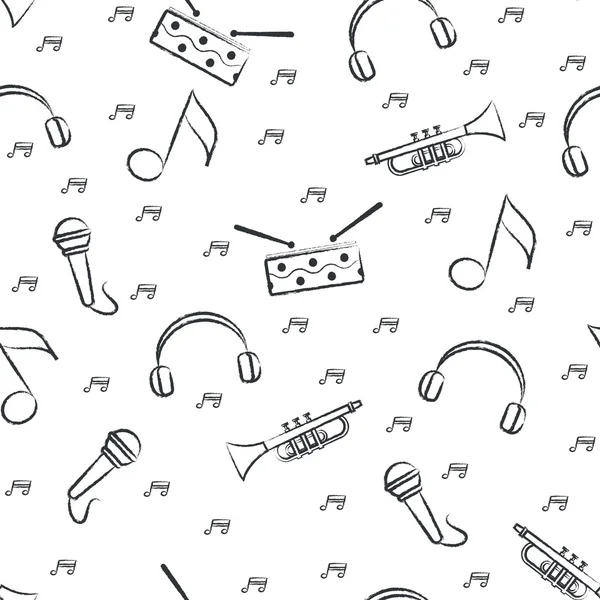 Seamless pattern childrens black felt-tip pen drawings on white background. Hand-drawn style. Seamless vector wallpaper with the image of music instrument drum, microphone, pipe, headphones and note