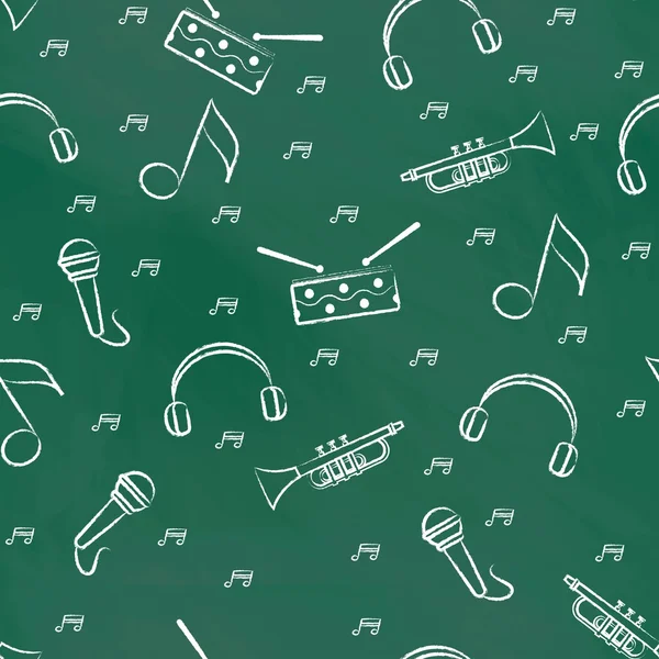 Seamless pattern green chalk board with white childrens chalk drawings. Hand-drawn style. Seamless vector wallpaper with the image of  drum, microphone, pipe, headphones and note