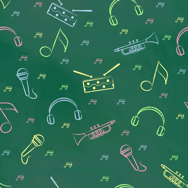 Seamless pattern green chalk board with colorful childrens chalk drawings. Hand-drawn style. Seamless vector wallpaper with the image of  drum, microphone, pipe, headphones and note