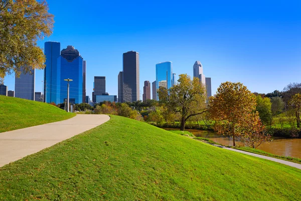 Houston skyline in sunny day from park grass