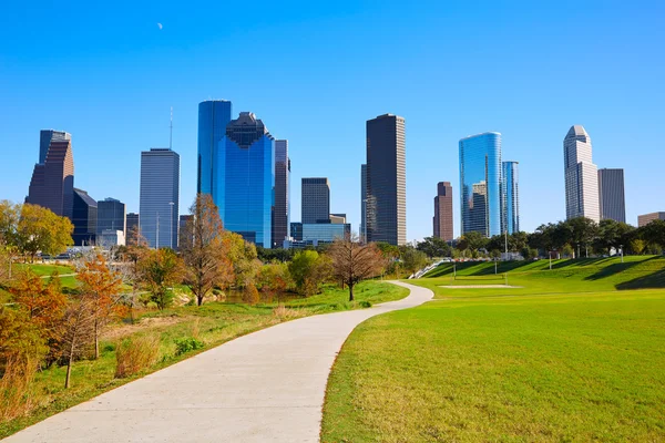 Houston skyline in sunny day from park grass