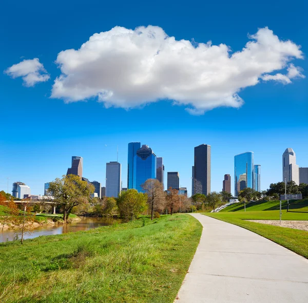 Houston skyline in sunny day from park grass