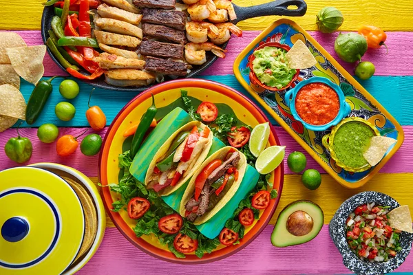 Mexican chicken and beef fajitas tacos