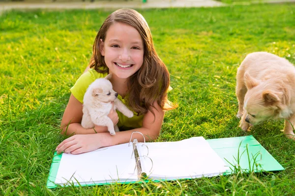 Kid girl and puppy dog at homework lying in lawn