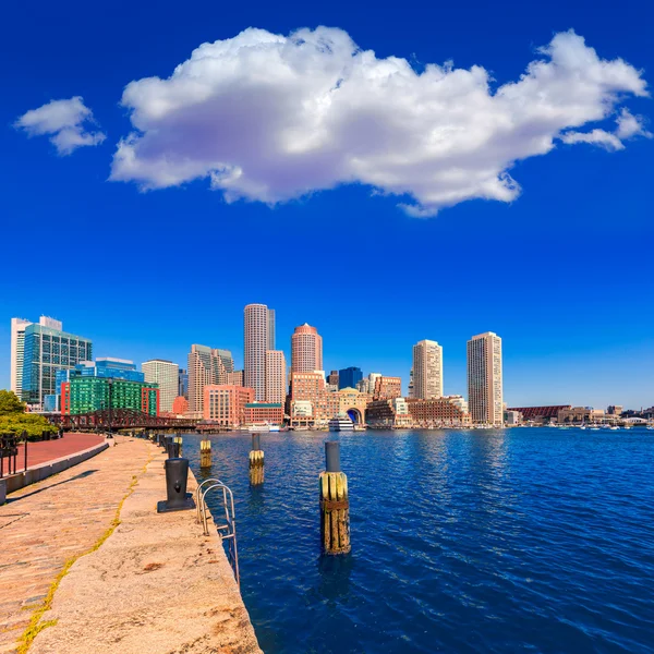 Boston skyline from Fan Pier sunlight Massachusetts