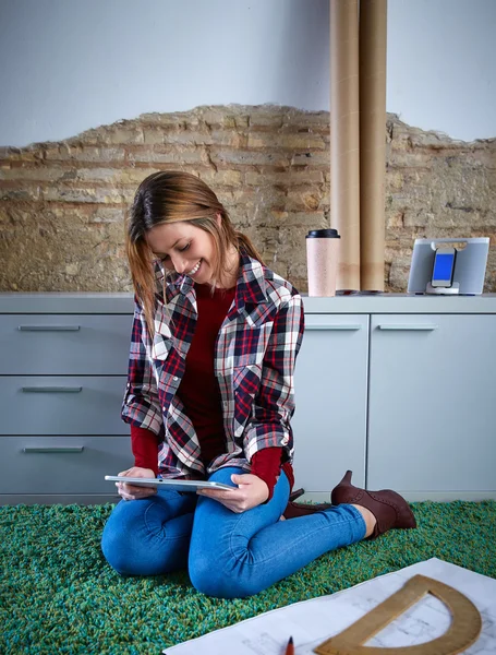 University student woman tablet homework sitting