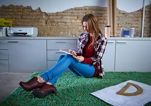 University student woman tablet homework sitting