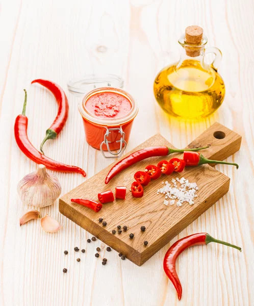 Ingredients for hot chili pepper sauce preparation