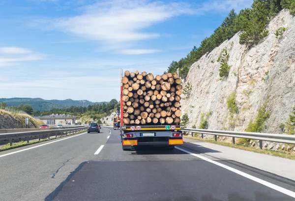 Truck carrying wood on motorway.