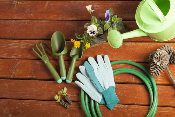 Gardening tools on the grass in the garden