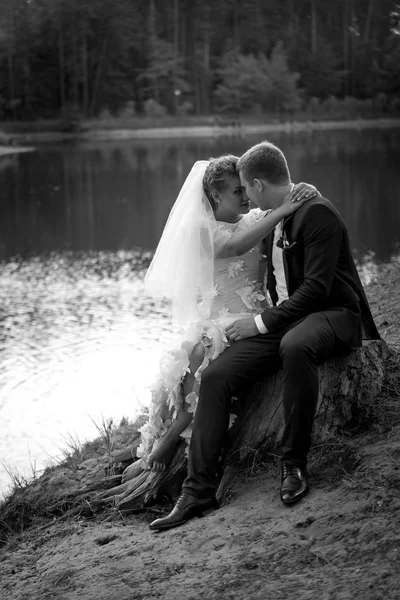 Black and white shot of beautiful wedding couple sitting at lake