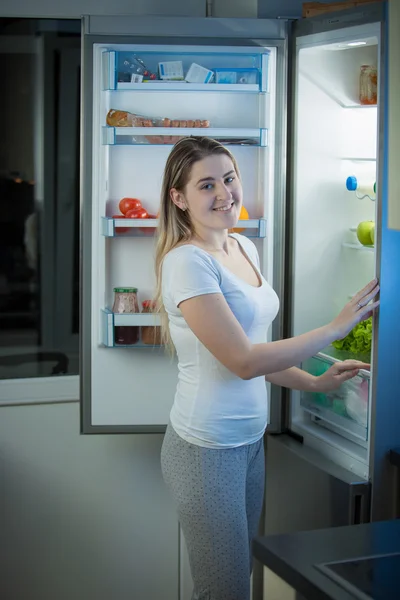 Portrait of smiling woman posing at open fridge at late evening