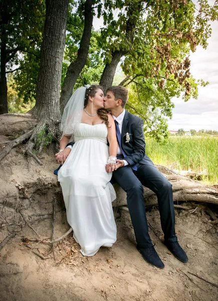 Bride and groom sitting under tree at river bank and kissing