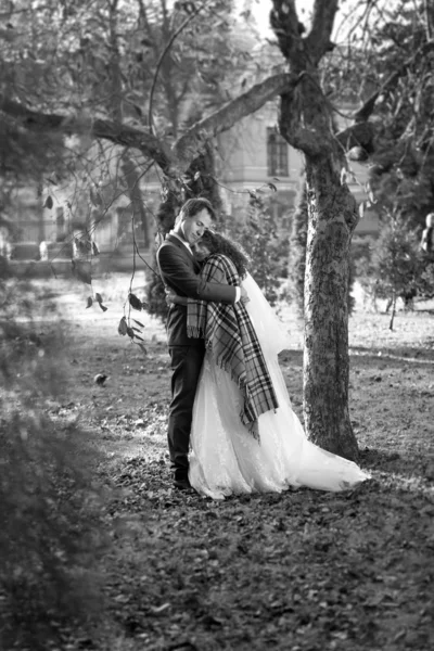 Monochrome photo of happy bride and groom hugging under tree