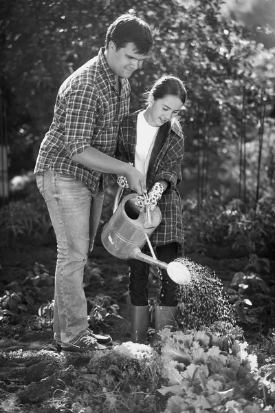 Black and white photo of young father and daughter watering gard