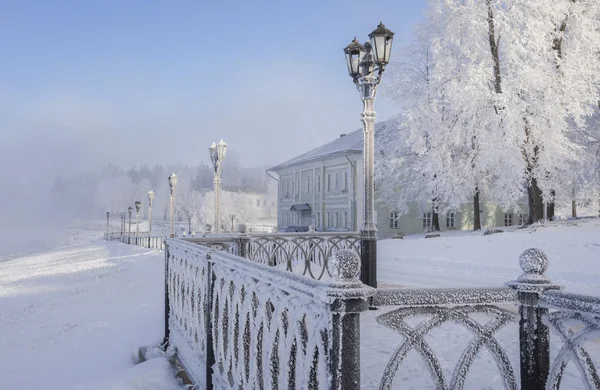 Volga River Embankment in the city of Uglich in the early frosty morning.