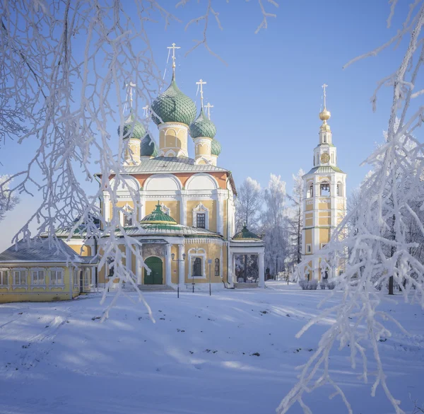 Winter panorama of Uglich Kremlin against Transfiguration Cathedral.