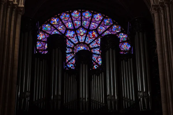 Paris, France - August 11, 2014: Round medieval stained glass window and organ in dark interior of  Notre Dame de Paris cathedral, France