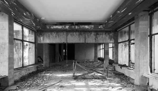 Abandoned old building interior. Hall perspective
