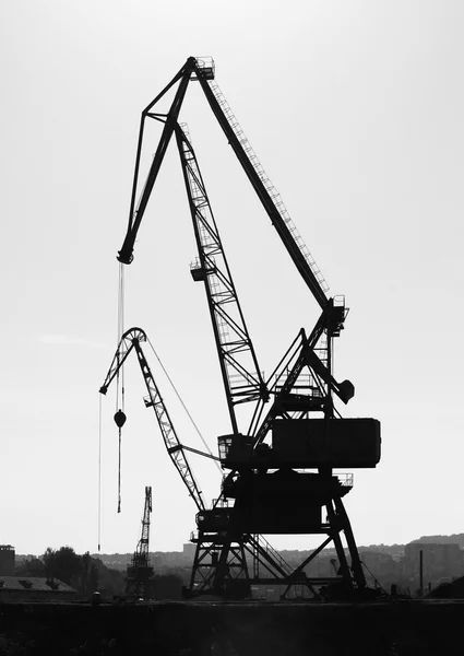 Silhouettes of industrial port cranes. Danube River