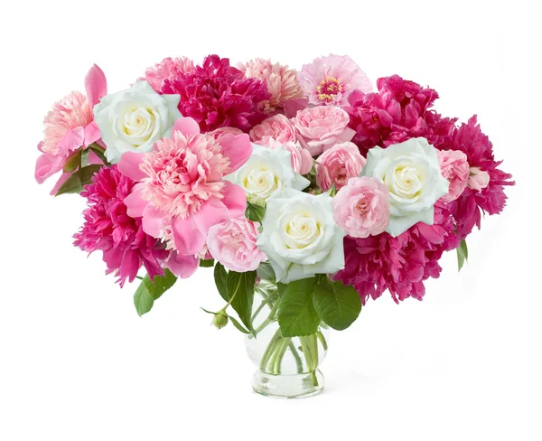 Peony and rose bunch isolated on white background