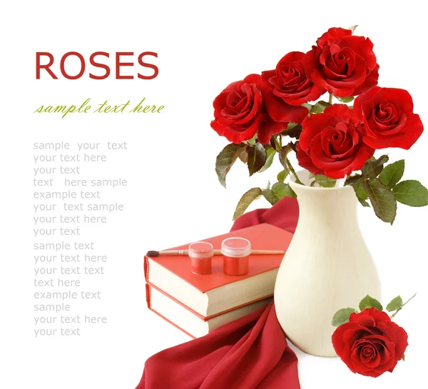 Teacher Day (bouquet of red roses, books, paints and brush isolated on white with sample text)
