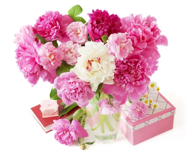 Peony bunch, present box and book isolated on white background. Teacher's Day concept.