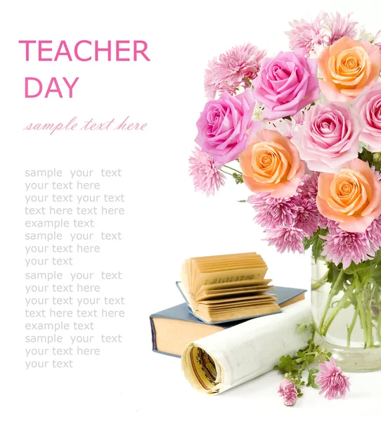 Teacher day (summer flowers bunch with roses and asters, map and books isolated on white)