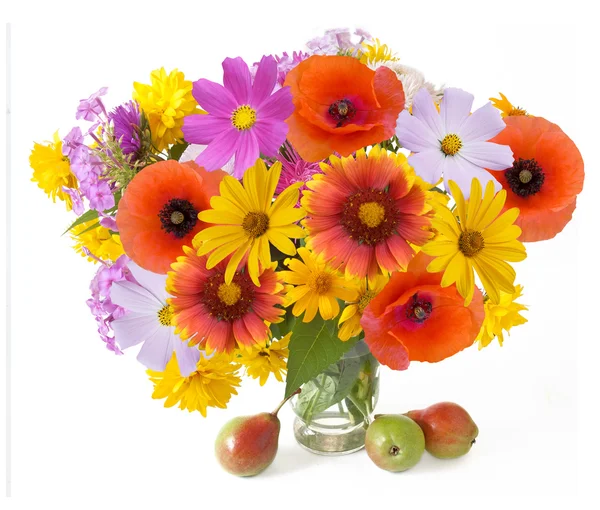 Summer flowers bunch in vase and fruits isolated on white background. Aster, poppy and cosmos flowers bouquet