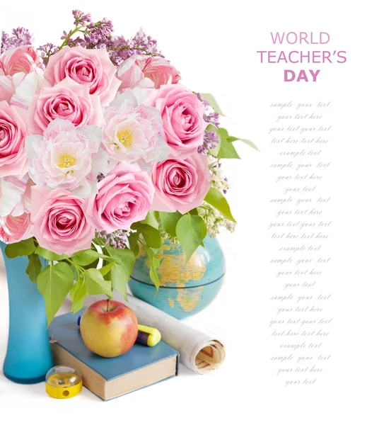 Teacher Day (still life with roses and lilac flowers bunch with books and map  with sample text)