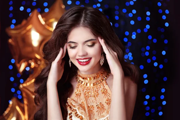 Gorgeous, happy smiling young woman with red lips, in luxury gol