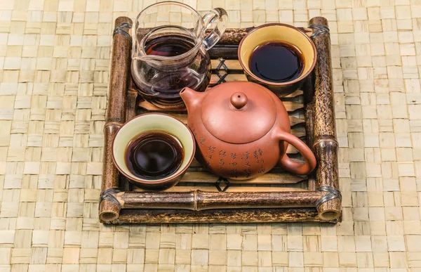 Tea set on a bamboo tray on the Mat.