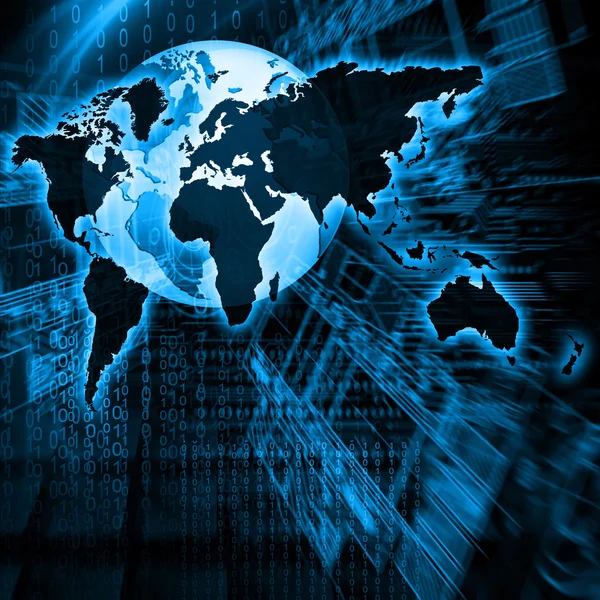 World map on a technological background, glowing lines symbols of the Internet, radio, television, mobile and satellite communications.