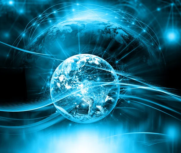 Best Internet Concept of global business. Globe, glowing lines on technological background. Electronics, Wi-Fi, rays, symbols Internet, television, mobile and satellite communicationsblue blur