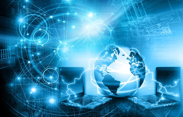 Best Internet Concept of global business. Globe, glowing lines on technological background. Electronics, Wi-Fi, rays, symbols Internet, television, mobile and satellite communicationsblue blur