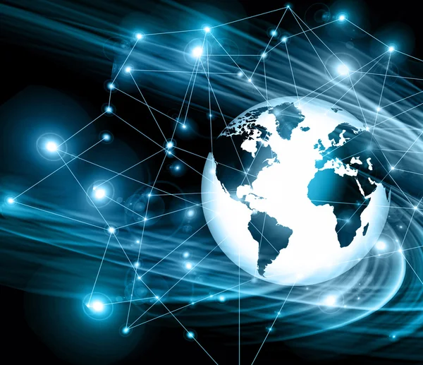 Best Internet Concept of global business. Globe, glowing lines on technological background. Electronics, Wi-Fi, rays, symbols Internet, television, mobile and satellite communicationsblue blur
