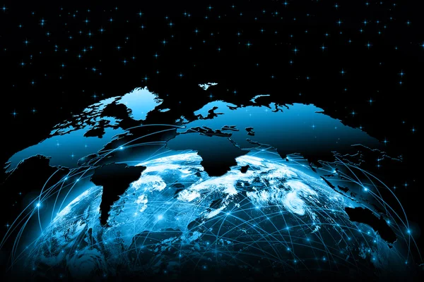 World map on a technological background, glowing lines symbols of the Internet, radio, television, mobile and satellite communications. Elements of this image furnished by NASA