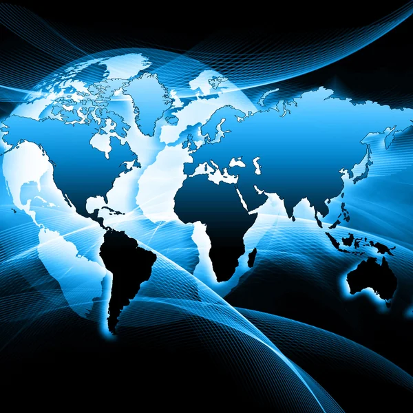 World map on a technological background, glowing lines symbols of the Internet, radio, television, mobile and satellite communications.