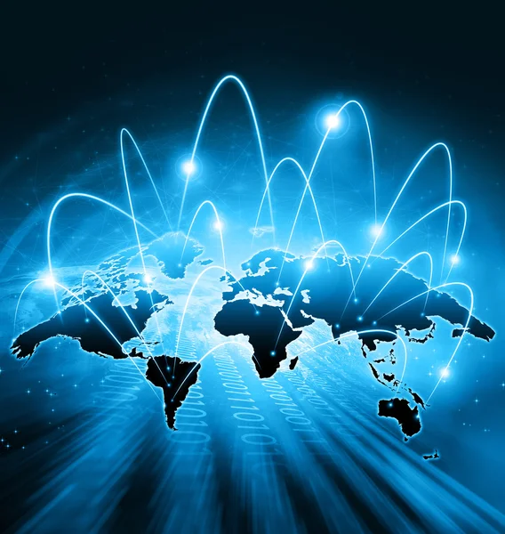 World map on a technological background, glowing lines symbols of the Internet, radio, television, mobile and satellite communications.